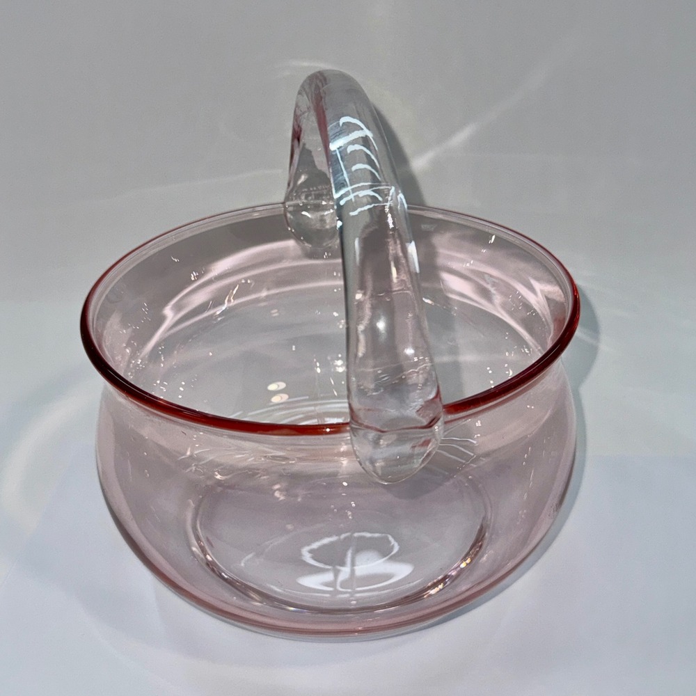 Blush Pink Hand Blown Crystal Glass Basket Vase, Tea Serving Bowl, Cottagecore - Picture 7 of 14